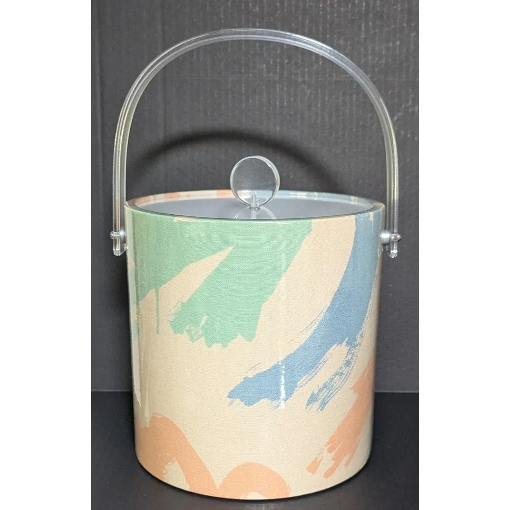 Vintage Lucite & Vinyl Insulated Ice Bucket w/Lid Color Splash Pattern
